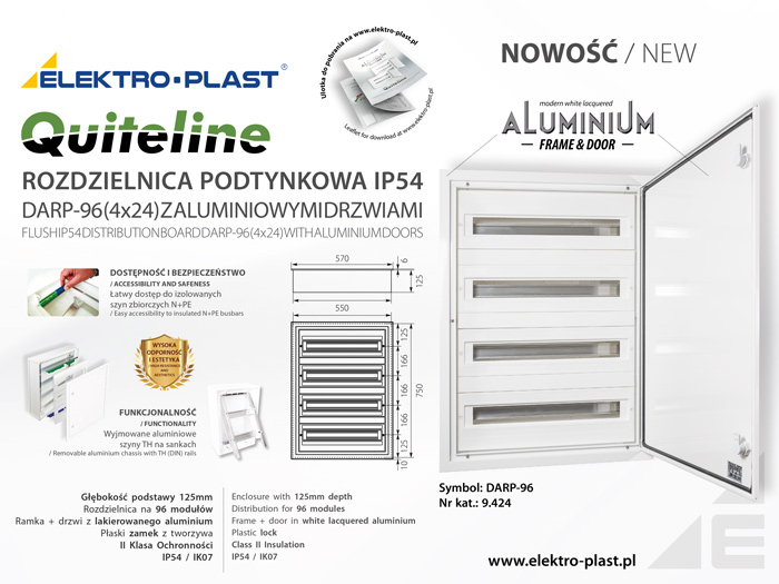rozdzielnica podtynkowa ip54 z aluminiowymi drzwiami, quiteline, darp, elektro-plast