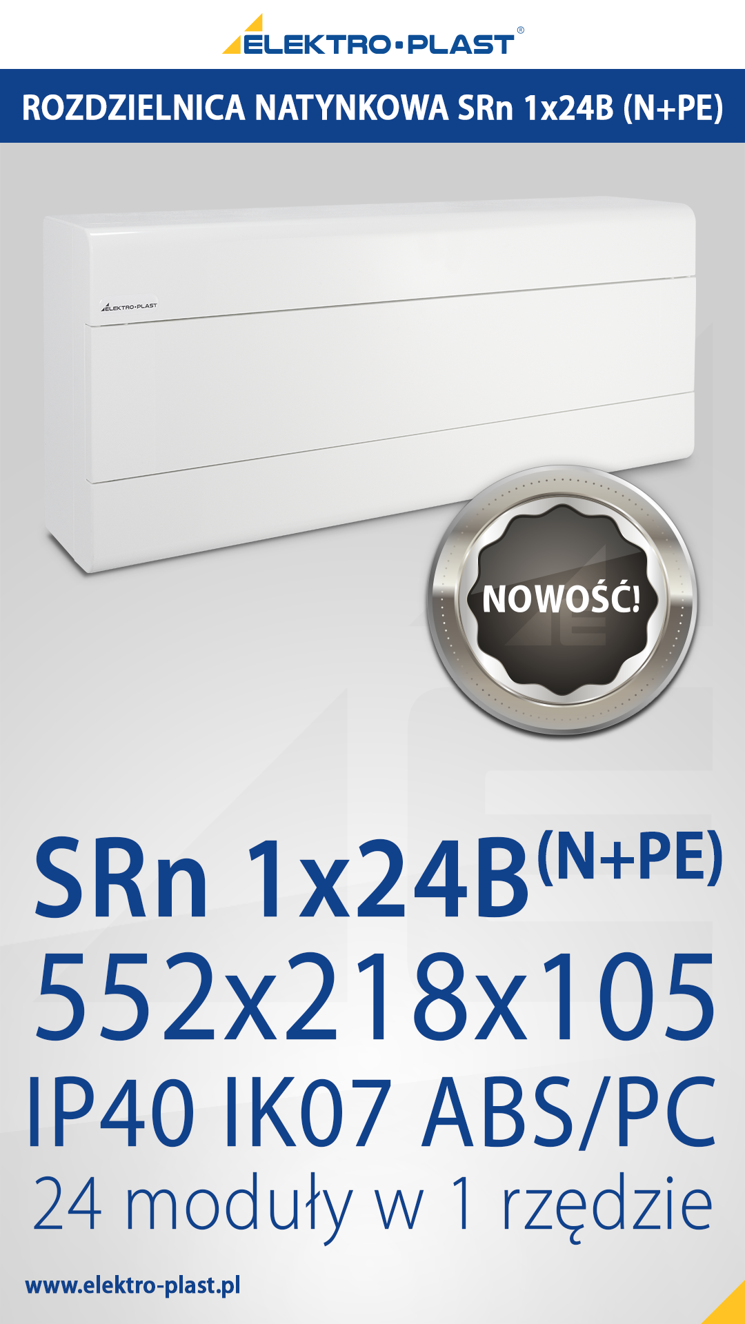 Rozdzielnica Natynkowa SRn 1x24B (N+PE), IP40, elektro-plast