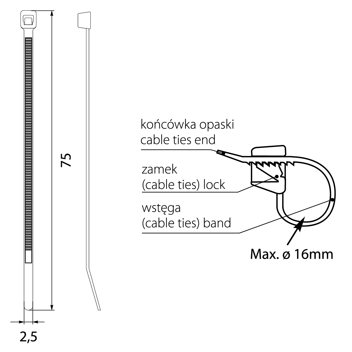 Opaska Zaciskowa OZC 25-075 UV, czarna, 2.5x75, max. ∅16,elektro-plast