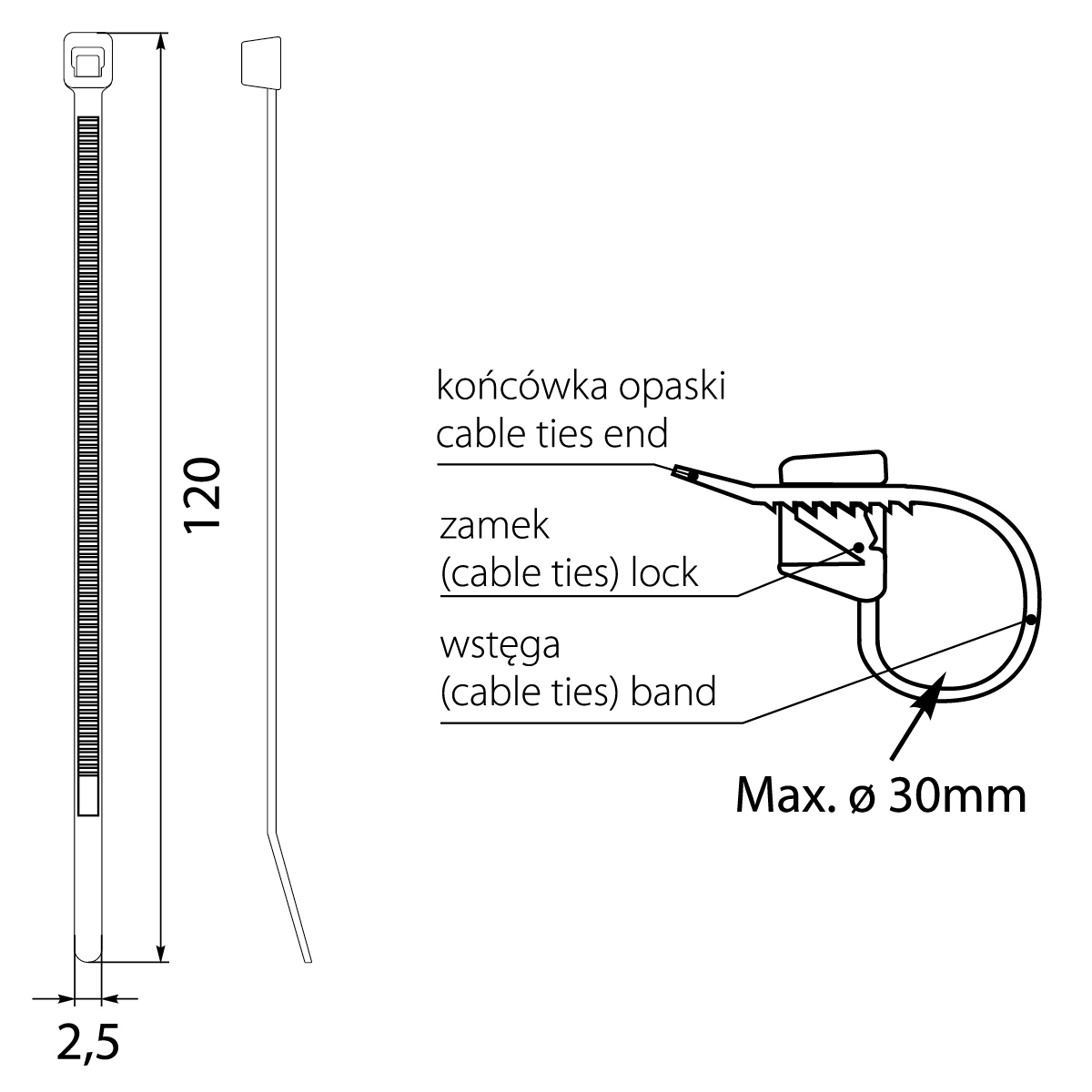 Opaska Zaciskowa czarna OZC 25-120 UV, 2.5x120, max. ∅30,elektro-plast