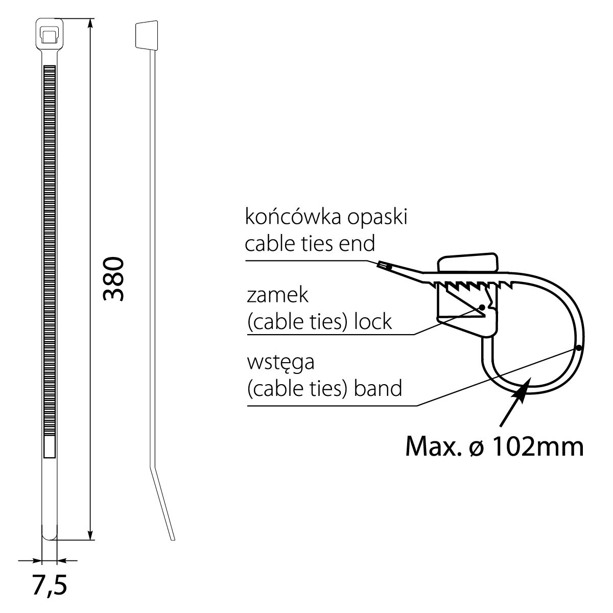 Opaska Zaciskowa czarna OZC 75-380 UV, 7.5x380, max. ∅102, 540N,elektro-plast